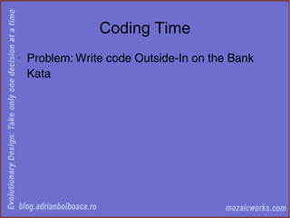 Coding Time
◊
Problem: Write code Outside-In on the Bank
Kata
 