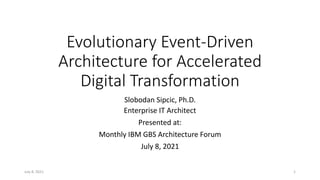 Evolutionary Event-Driven
Architecture for Accelerated
Digital Transformation
Slobodan Sipcic, Ph.D.
Enterprise IT Architect
Presented at:
Monthly IBM GBS Architecture Forum
July 8, 2021
1
July 8, 2021
 