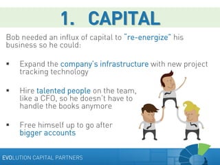 1. CAPITAL
Bob needed an influx of capital to “re-energize” his
business so he could:


Expand the company’s infrastructu...