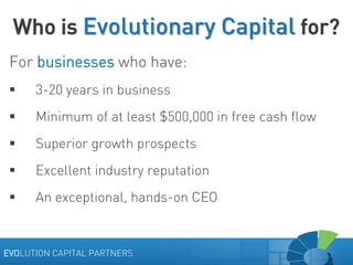 Who is Evolutionary Capital for?
For businesses who have:


3-20 years in business



Minimum of at least $500,000 in fr...