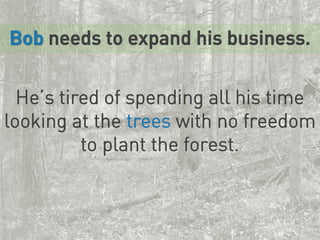 Bob needs to expand his business.
He’s tired of spending all his time
looking at the trees with no freedom
to plant the forest.

EVOLUTION CAPITAL PARTNERS

 