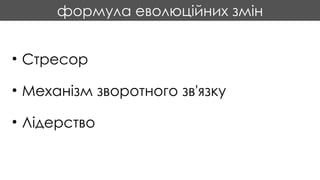 формула еволюційних змін
• Стресор
• Механізм зворотного зв'язку
• Лідерство
 