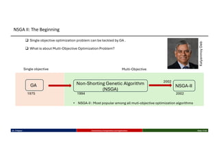 q Single objective optimization problem can be tackled by GA .
q What is about Multi-Objective Optimization Problem?
GA Non-Shorting Genetic Algorithm
(NSGA)
NSGA-II
Single objective Multi-Objective
1975 1994 2002
2002
• NSGA-II : Most popular among all muti-objective optimization algorithms
Kalyanmoy
Deb
Dr. K Rajwar Evolutionary Computation and Application Slide 17/34
NSGA II: The Beginning
 