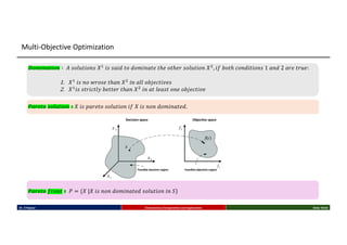 𝐷𝑜𝑚𝑖𝑛𝑎𝑡𝑖𝑜𝑛 ∶ 𝐴 𝑠𝑜𝑙𝑢𝑡𝑖𝑜𝑛𝑠 𝑋-
𝑖𝑠 𝑠𝑎𝑖𝑑 𝑡𝑜 𝑑𝑜𝑚𝑖𝑛𝑎𝑡𝑒 𝑡ℎ𝑒 𝑜𝑡ℎ𝑒𝑟 𝑠𝑜𝑙𝑢𝑡𝑖𝑜𝑛 𝑋$
, 𝑖𝑓 𝑏𝑜𝑡ℎ 𝑐𝑜𝑛𝑑𝑖𝑡𝑖𝑜𝑛𝑠 1 𝑎𝑛𝑑 2 𝑎𝑟𝑒 𝑡𝑟𝑢𝑒:
1. 𝑋-
𝑖𝑠 𝑛𝑜 𝑤𝑟𝑜𝑠𝑒 𝑡ℎ𝑎𝑛 𝑋$
𝑖𝑛 𝑎𝑙𝑙 𝑜𝑏𝑗𝑒𝑐𝑡𝑖𝑣𝑒𝑠
2. 𝑋-
𝑖𝑠 𝑠𝑡𝑟𝑖𝑐𝑡𝑙𝑦 𝑏𝑒𝑡𝑡𝑒𝑟 𝑡ℎ𝑎𝑛 𝑋$
𝑖𝑛 𝑎𝑡 𝑙𝑒𝑎𝑠𝑡 𝑜𝑛𝑒 𝑜𝑏𝑗𝑒𝑐𝑡𝑖𝑣𝑒
𝑃𝑎𝑟𝑒𝑡𝑜 𝑓𝑟𝑜𝑛𝑡 ∶ 𝑃 = {𝑋 |𝑋 𝑖𝑠 𝑛𝑜𝑛 𝑑𝑜𝑚𝑖𝑛𝑎𝑡𝑒𝑑 𝑠𝑜𝑙𝑢𝑡𝑖𝑜𝑛 𝑖𝑛 𝑆}
𝑃𝑎𝑟𝑒𝑡𝑜 𝑠𝑜𝑙𝑢𝑡𝑖𝑜𝑛 ∶ 𝑋 𝑖𝑠 𝑝𝑎𝑟𝑒𝑡𝑜 𝑠𝑜𝑙𝑢𝑡𝑖𝑜𝑛 𝑖𝑓 𝑋 𝑖𝑠 𝑛𝑜𝑛 𝑑𝑜𝑚𝑖𝑛𝑎𝑡𝑒𝑑.
Dr. K Rajwar Evolutionary Computation and Application Slide 19/34
Multi-Objective Optimization
 