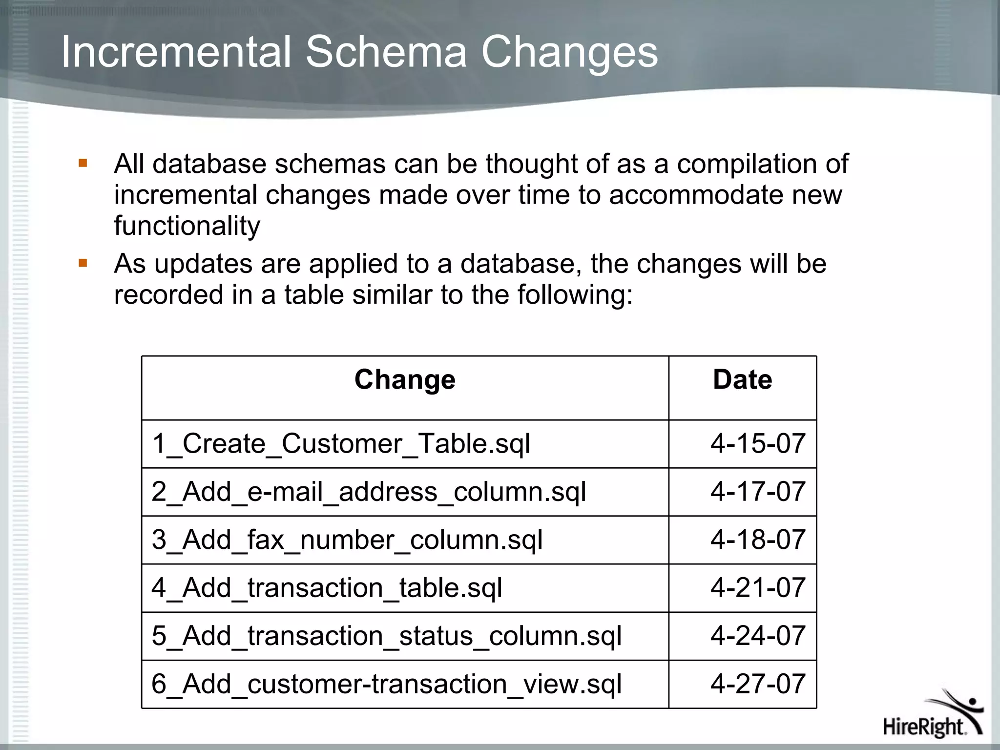Incremental Schema Changes

 All database schemas can be thought of as a compilation of
  incremental changes made over time to accommodate new
  functionality
 As updates are applied to a database, the changes will be
  recorded in a table similar to the following:


                     Change                      Date

     1_Create_Customer_Table.sql                 4-15-07
     2_Add_e-mail_address_column.sql             4-17-07
     3_Add_fax_number_column.sql                 4-18-07
     4_Add_transaction_table.sql                 4-21-07
     5_Add_transaction_status_column.sql         4-24-07
     6_Add_customer-transaction_view.sql         4-27-07
 