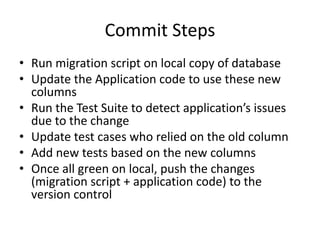 Commit Steps
• Run migration script on local copy of database
• Update the Application code to use these new
columns
• Run the Test Suite to detect application’s issues
due to the change
• Update test cases who relied on the old column
• Add new tests based on the new columns
• Once all green on local, push the changes
(migration script + application code) to the
version control
 