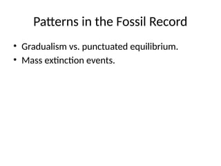 Patterns in the Fossil Record
• Gradualism vs. punctuated equilibrium.
• Mass extinction events.
 
