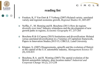 reading list
 Frenken, K, F Van Oort & T Verburg (2007) Related variety, unrelated
variety and regional economic growth, Regional Studies 41, 685-697
 Neffke, F., M. Henning and R. Boschma (2011) How do regions
diversify over time? Industry relatedness and the development of new
growth paths in regions, Economic Geography 87, 237-265
 Boschma R & G Capone (2015) Institutions and diversification: Related
versus unrelated diversification in a Varieties of Capitalism framework,
Papers in Innovation Studies,2015/15, CIRCLE, Lund University
 Klepper, S. (2007) Disagreements, spinoffs and the evolution of Detroit
as the capital of the U.S. automobile industry, Management Science 53
(4), 616-631
 Boschma, R.A. and R. Wenting (2007) The spatial evolution of the
British automobile industry: does location matter? Industrial and
Corporate Change 16 (2), 213-238
 