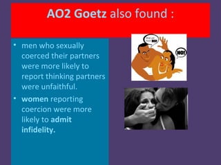 AO2 Goetz also found :

• men who sexually
  coerced their partners
  were more likely to
  report thinking partners
  were unfaithful.
• women reporting
  coercion were more
  likely to admit
  infidelity.
 