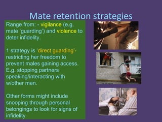Mate retention strategies
Range from: - vigilance (e.g.
mate ‘guarding’) and violence to
deter infidelity.

1 strategy is ‘direct guarding’-
restricting her freedom to
prevent males gaining access.
E.g. stopping partners
speaking/interacting with
w/other men.

Other forms might include
snooping through personal
belongings to look for signs of
infidelity
 