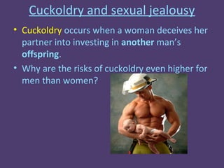 Cuckoldry and sexual jealousy
• Cuckoldry occurs when a woman deceives her
  partner into investing in another man’s
  offspring.
• Why are the risks of cuckoldry even higher for
  men than women?
 