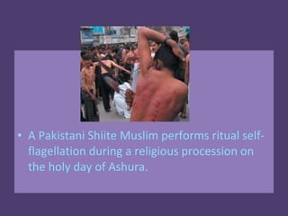 • A Pakistani Shiite Muslim performs ritual self-
  flagellation during a religious procession on
  the holy day of Ashura.
 