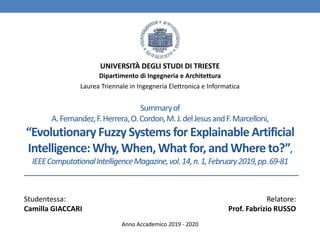 Summaryof
A.Fernandez,F.Herrera,O.Cordon,M.J.delJesusandF.Marcelloni,
“EvolutionaryFuzzy Systems for Explainable Artificial
Intelligence:Why, When, What for, and Where to?”,
IEEEComputationalIntelligenceMagazine,vol.14,n.1,February2019,pp.69-81
Studentessa:
Camilla GIACCARI
Relatore:
Prof. Fabrizio RUSSO
Anno Accademico 2019 - 2020
UNIVERSITÀ DEGLI STUDI DI TRIESTE
Dipartimento di Ingegneria e Architettura
Laurea Triennale in Ingegneria Elettronica e Informatica
 