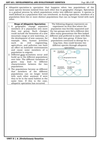 GNT 601: DEVELOPMENTAL AND EVOLUTIONARY GENETICS Page 15 of 17
UNIT II | A |Evolutionary Genetics
 Allopatric speciation is speciation that happens when two populations of the
same species become isolated from each other due to geographic changes. Speciation
is a gradual process by which populations evolve into different species. A species is
itself defined as a population that can interbreed, so during speciation, members of a
population form two or more distinct populations that can no longer breed with each
other.
Steps of Allopatric Speciation
1. A geographic change separates
members of a population into more
than one group. Such changes
could include the formation of a new
mountain range or new waterway, or
the development of new canyons, for
example. Also, human activities
such as civil engineering,
agriculture, and pollution can have
an effect on habitable environments
and cause some members of a
population to migrate.
2. Different gene mutations occur and
build up in the different populations
over time. The different variations of
genes may lead to different
characteristics between the two
populations.
3. The populations become so different
that members of the different
populations can no longer breed
with each other anymore if were
they to be in the same habitat in the
same time. If this is the case,
allopatric speciation has occurred.
The following diagram represents an
experiment on fruit flies where the
population was forcibly separated and
the two groups were fed a different diet.
After many generations the flies looked
different and preferred to mate with flies
from their own group. If these two
populations continued to diverge for a
long time, they could become two
different species through allopatric
speciation.
 