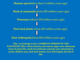 Human species(less than 2 million years ago)
Birds & mammals(about 200 million years ago)
Dinosaurs (about 230 million years ago)
First land plant( about 425 million years ago)
First Arthropod(about 600 million years ago)
This era belongs to the CAMBRIAN PERIOD OF THE
PALEOZOIC ERA, when bacteria and marine algae were dominant
form of plant life, small invertebrates animals were abundant in
warm, shallow seas, and land masses were still largely devoid of
life.
 