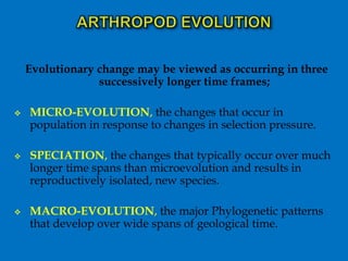 Evolutionary change may be viewed as occurring in three
successively longer time frames;
 MICRO-EVOLUTION, the changes that occur in
population in response to changes in selection pressure.
 SPECIATION, the changes that typically occur over much
longer time spans than microevolution and results in
reproductively isolated, new species.
 MACRO-EVOLUTION, the major Phylogenetic patterns
that develop over wide spans of geological time.
 