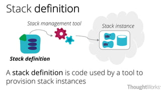 Stack definition
A stack definition is code used by a tool to
provision stack instances
Stack definition
Stack instanceStack management tool
 
