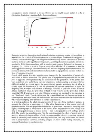 consequence, natural selection is not as effective as one might naively expect it to be at
eliminating deleterious recessive alleles from populations.
Balancing selection, in contrast to directional selection, maintains genetic polymorphism in
populations. For example, if heterozygotes at a locus have higher fitness than homozygotes (a
scenario known as heterozygote advantage or overdominance), natural selection will maintain
multiple alleles at stable equilibrium frequencies. A stable polymorphism can also persist in a
population if the fitness associated with a genotype decreases as that genotype increases in
frequency (i.e., if there is negative frequency-dependent selection). It is important to note that
heterozygote disadvantage (underdominance) and positive frequency-dependent selection can
also act at a locus, but neither maintains multiple alleles in a population, and thus neither is a
form of balancing selection.
Genetic drift results from the sampling error inherent in the transmission of gametes by
individuals in a finite population. The gamete pool of a population in generation t is the total
pool of eggs and sperm produced by the individuals in that generation. If the gamete pool
were infinite in size, and if there were no selection or mutation acting at a locus with two
alleles (A and a), we would expect the proportion of gametes containing the A allele to
exactly equal the frequency of A, and the proportion of gametes containing a to equal the
frequency of a. Compare this situation to tossing a fair coin. If you were to toss a coin an
infinite number of times, the proportion of heads would be 0.50, and the proportion of tails
would be 0.50. If you toss a coin only 10 times, however, you shouldn't be too surprised to
get 7 heads and 3 tails. This deviation from the expected head and tail frequencies is due to
sampling error. The more times you toss the coin, the closer these frequencies should come to
0.50 because sampling error decreases as sample size increases.
In a finite population, the adults in generation t will pass on a finite number of gametes to
produce the offspring in generation t + 1. The allele frequencies in this gamete pool will
generally deviate from the population frequencies in generation t because of sampling error
(again, assuming there is no selection at the locus). Allele frequencies will thus change over
time in this population due to chance events — that is, the population will undergo genetic
drift. The smaller the population size (N), the more important the effect of genetic drift. In
practice, when modeling the effects of drift, we must consider effective population size (Ne),
which is essentially the number of breeding individuals, and may differ from the census
size, N, under various scenarios, including unequal sex ratio, certain mating structures, and
temporal fluctuations in population size.
 