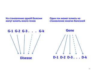 На становление одной болезни
могут влиять много генов
G-1 G-2 G-3 . . . G-k
Disease
Один ген может влиять на
становление многих болезней
Gene
D-1 D-2 D-3 . . . D-k
36
 