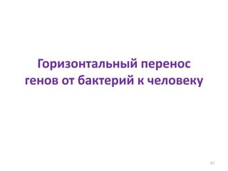 Горизонтальный перенос
генов от бактерий к человеку
67
 