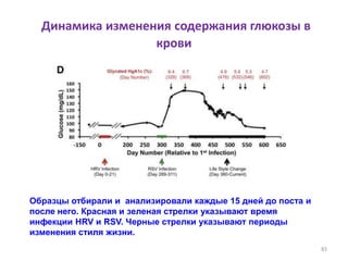 Динамика изменения содержания глюкозы в
крови
83
Образцы отбирали и анализировали каждые 15 дней до поста и
после него. Красная и зеленая стрелки указывают время
инфекции HRV и RSV. Черные стрелки указывают периоды
изменения стиля жизни.
 