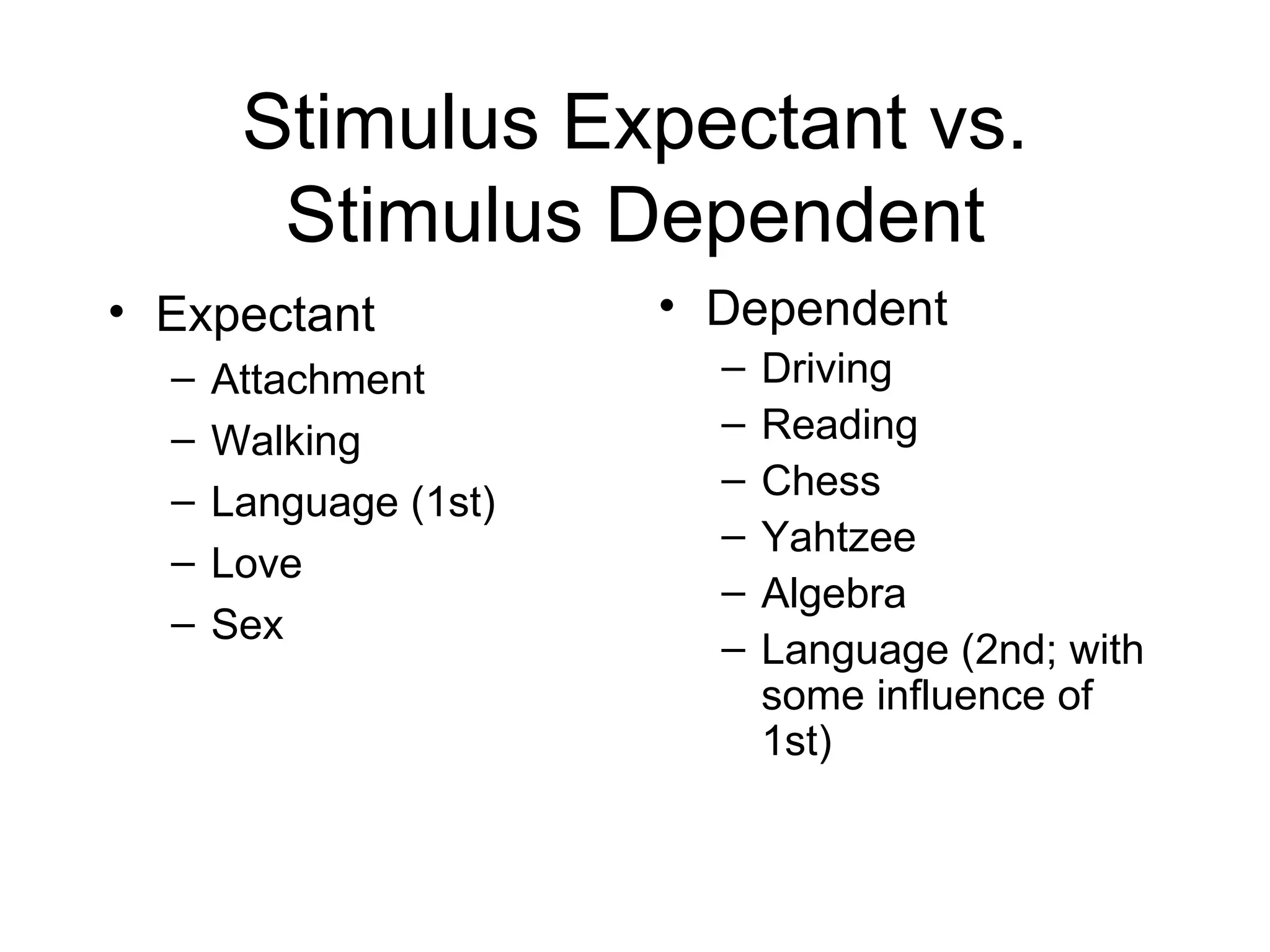 Stimulus Expectant vs. Stimulus Dependent Expectant Attachment Walking Language (1st) Love Sex Dependent Driving Reading  Chess Yahtzee Algebra Language (2nd; with some influence of 1st)  