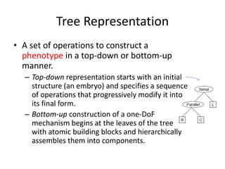 Tree Representation
• A set of operations to construct a
phenotype in a top-down or bottom-up
manner.
– Top-down representation starts with an initial
structure (an embryo) and specifies a sequence
of operations that progressively modify it into
its final form.
– Bottom-up construction of a one-DoF
mechanism begins at the leaves of the tree
with atomic building blocks and hierarchically
assembles them into components.
 