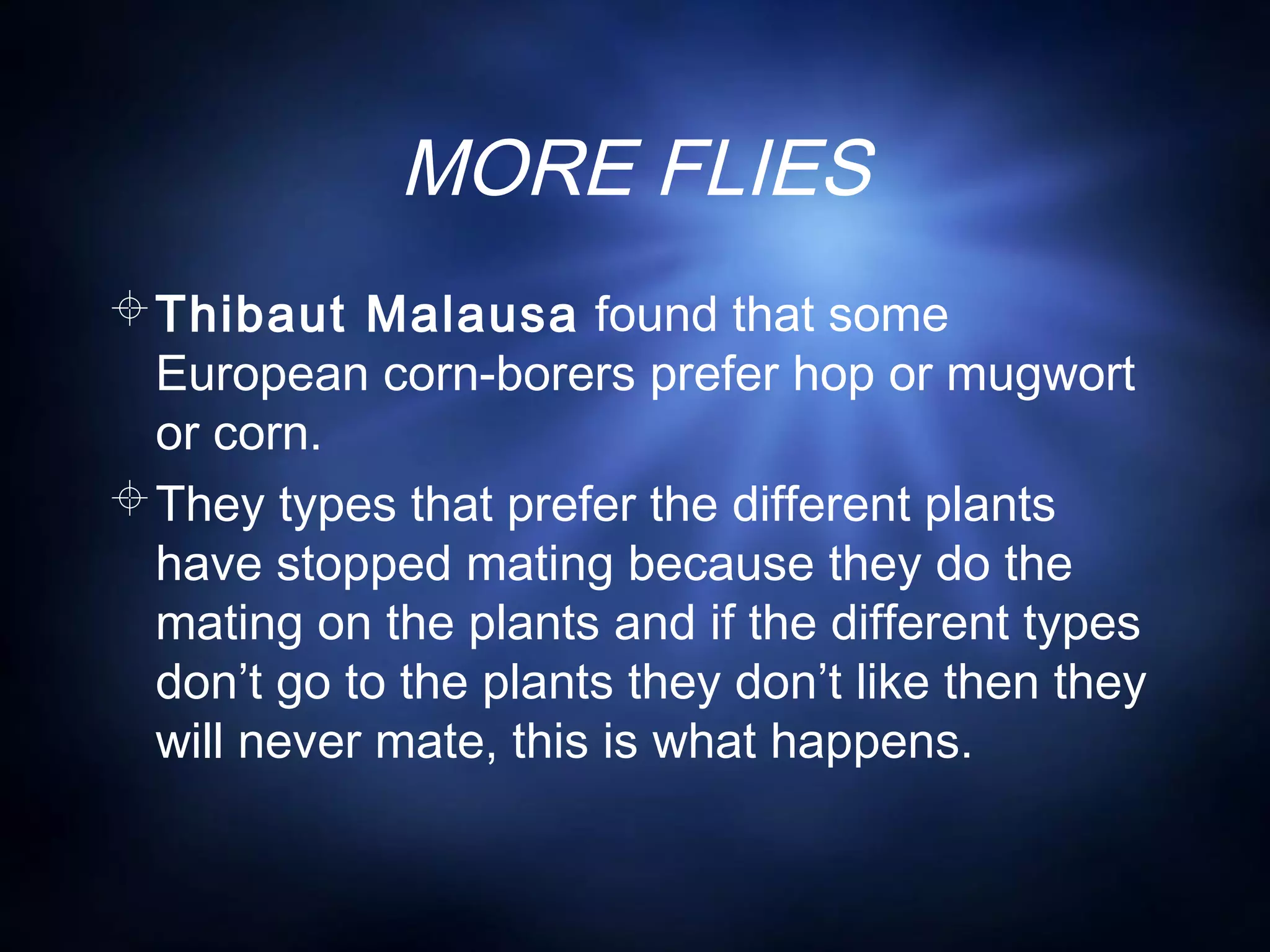 MORE FLIES
Thibaut Malausa found that some
European corn-borers prefer hop or mugwort
or corn.
They types that prefer the different plants
have stopped mating because they do the
mating on the plants and if the different types
don’t go to the plants they don’t like then they
will never mate, this is what happens.
 