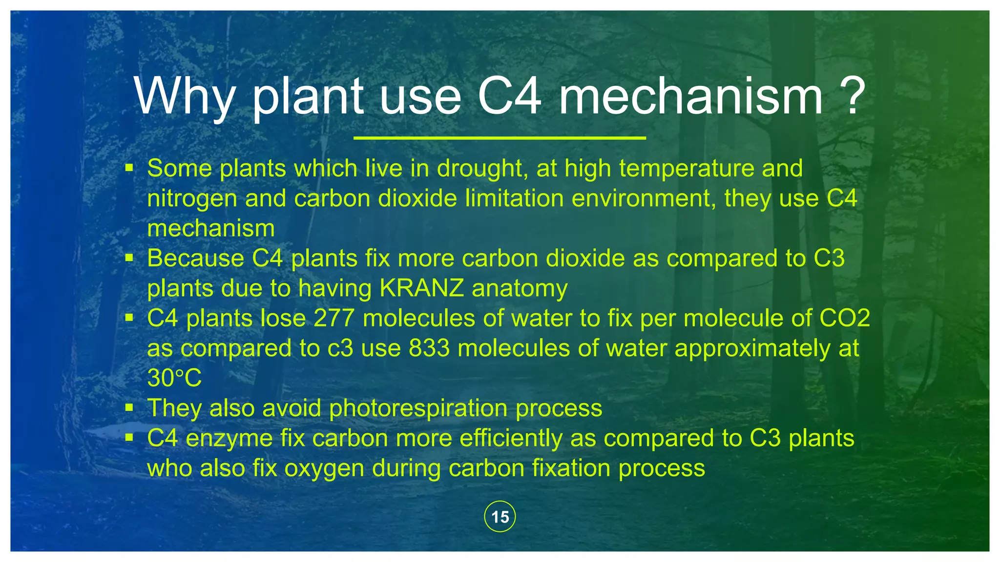 15
Why plant use C4 mechanism ?
 Some plants which live in drought, at high temperature and
nitrogen and carbon dioxide limitation environment, they use C4
mechanism
 Because C4 plants fix more carbon dioxide as compared to C3
plants due to having KRANZ anatomy
 C4 plants lose 277 molecules of water to fix per molecule of CO2
as compared to c3 use 833 molecules of water approximately at
30°C
 They also avoid photorespiration process
 C4 enzyme fix carbon more efficiently as compared to C3 plants
who also fix oxygen during carbon fixation process
 