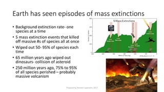 Earth has seen episodes of mass extinctions
• Background extinction rate- one
species at a time
• 5 mass extinction events that killed
off massive #s of species all at once
• Wiped out 50- 95% of species each
time
• 65 million years ago wiped out
dinosaurs- collision of asteroid
• 250 million years ago, 75% to 95%
of all species perished – probably
massive volcanism
Prepared by Kiersten Lippmann, 2017
 