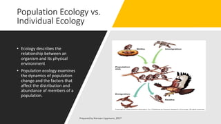 Population Ecology vs.
Individual Ecology
• Ecology describes the
relationship between an
organism and its physical
environment
• Population ecology examines
the dynamics of population
change and the factors that
affect the distribution and
abundance of members of a
population.
 