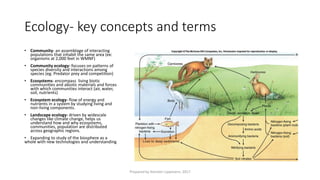 Ecology- key concepts and terms
• Community- an assemblage of interacting
populations that inhabit the same area (ex:
organisms at 2,000 feet in WMNF)
• Community ecology- focuses on patterns of
species diversity and interactions among
species (eg. Predator prey and competition)
• Ecosystems- encompass living biotic
communities and abiotic materials and forces
with which communities interact (air, water,
soil, nutrients)
• Ecosystem ecology- flow of energy and
nutrients in a system by studying living and
non-living components.
• Landscape ecology- driven by widescale
changes like climate change, helps us
understand how and why ecosystems,
communities, population are distributed
across geographic regions.
• Expanding to study of the biosphere as a
whole with new technologies and understanding
Prepared by Kiersten Lippmann, 2017
 