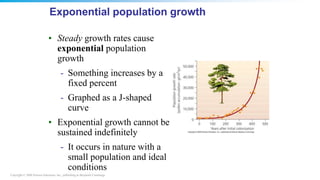Copyright © 2008 Pearson Education, Inc., publishing as Benjamin Cummings
Exponential population growth
• Steady growth rates cause
exponential population
growth
- Something increases by a
fixed percent
- Graphed as a J-shaped
curve
• Exponential growth cannot be
sustained indefinitely
- It occurs in nature with a
small population and ideal
conditions
 