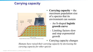 Copyright © 2008 Pearson Education, Inc., publishing as Benjamin Cummings
Carrying capacity
• Carrying capacity = the
maximum population size
of a species that its
environment can sustain
- An S-shaped logistic
growth curve
- Limiting factors slow
and stop exponential
growth
• Carrying capacity changes
Humans have raised their carrying capacity by decreasing the
carrying capacity for other species
 