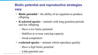 Copyright © 2008 Pearson Education, Inc., publishing as Benjamin Cummings
Biotic potential and reproductive strategies
vary
• Biotic potential = the ability of an organism to produce
offspring
• K-selected species = animals with long gestation periods
and few offspring
- Have a low biotic potential
- Stabilize at or near carrying capacity
- Good competitors
• r-selected species = animals which reproduce quickly
- Have a high biotic potential
- Little parental care
 