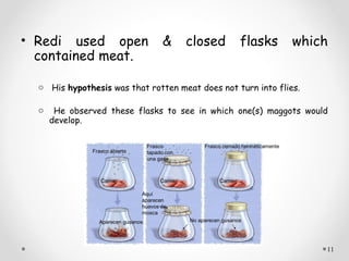 • Redi used open               &     closed       flasks       which
  contained meat.

  o His hypothesis was that rotten meat does not turn into flies.

  o    He observed these flasks to see in which one(s) maggots would
      develop.




                                                                    11
 