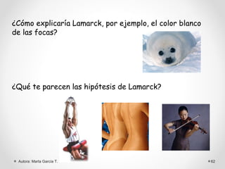 ¿Cómo explicaría Lamarck, por ejemplo, el color blanco
de las focas?




¿Qué te parecen las hipótesis de Lamarck?




 Autora: Marta García T.                                 62
 