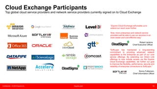 Confidential – © 2015 Equinix Inc. Equinix.com 19
Cloud Exchange Participants
Top global cloud service providers and network service providers currently signed on to Cloud Exchange
“Equinix Cloud Exchange will enable us to
extend our reach even further.
Now, more enterprises and network service
providers will be able to use our services in an
even easier and cost-effective way.”
Robert Jenkins
Chief Executive Officer
“SoftLayer has maintained a long-standing
commitment to providing advanced network
capabilities to the enterprise as part of our core
service offerings. By extending our Direct Link
offerings to now include access via the Equinix
Cloud Exchange capabilities, we further our goal
to improve the flexibility, performance, security and
reliability of enterprise connections to SoftLayer.”
Sonny Fulkerson,
Chief Information Officer
 