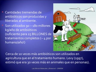    Cantidades tremendas de
    antibióticos son producidas y
    liberadas al ambiente.
   Son utilizados 90 – 180 millones
    kg/año de antibióticos
    (suficiente para 25 BILLONES de
    tratamientos completos (~ 4 por
    humano/año!)


    Cerca de 10 veces más antibióticos son utilizados en
    agricultura que en el tratamiento humano. Levy (1997),
    estimó que era 30 veces más en animales que en personas).
                      Lab Microb Molecular y Biotecnol - UNMSM
 