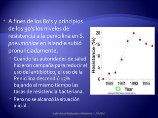    A fines de los 80’s y principios
    de los 90’s los niveles de
    resistencia a la penicilina en S.
    pneumoniae en Islandia subió
    pronunciadamente.
     Cuando las autoridades de salud
      hicieron campaña para reducir el
      uso del antibiótico, el uso de la
      Penicilina descendió 13%
      bajando al mismo tiempo las
      tasas de resistencia bacteriana.
     Pero no se alcanzó la situación
      inicial…
                       Lab Microb Molecular y Biotecnol - UNMSM
 