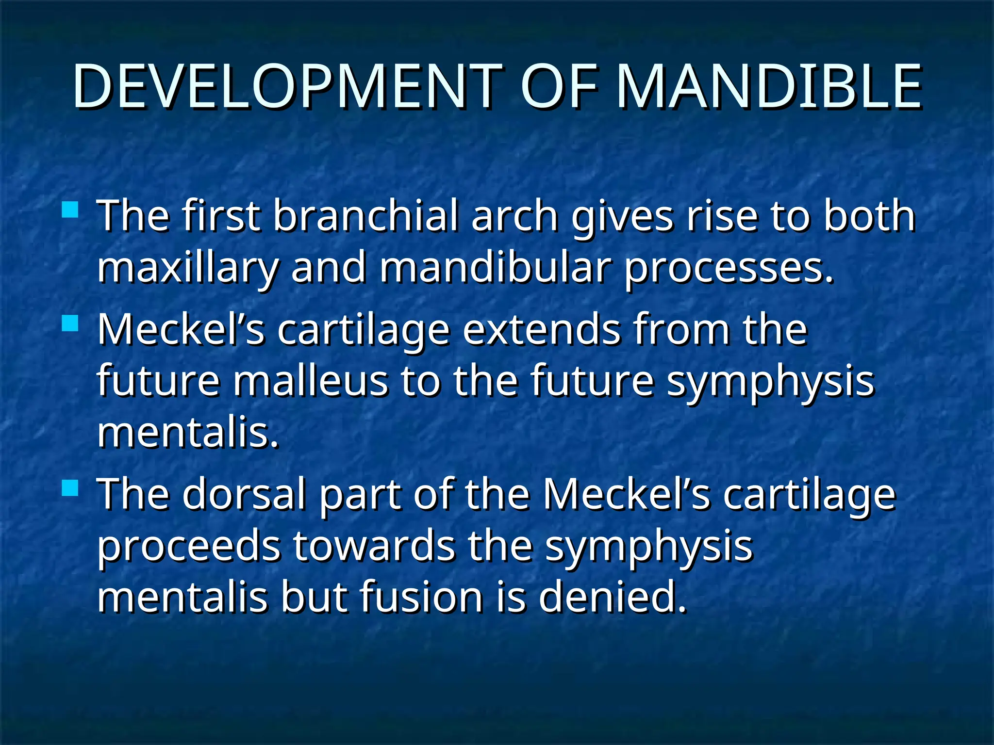 DEVELOPMENT OF MANDIBLE
DEVELOPMENT OF MANDIBLE
 The first branchial arch gives rise to both
The first branchial arch gives rise to both
maxillary and mandibular processes.
maxillary and mandibular processes.
 Meckel’s cartilage extends from the
Meckel’s cartilage extends from the
future malleus to the future symphysis
future malleus to the future symphysis
mentalis.
mentalis.
 The dorsal part of the Meckel’s cartilage
The dorsal part of the Meckel’s cartilage
proceeds towards the symphysis
proceeds towards the symphysis
mentalis but fusion is denied.
mentalis but fusion is denied.
 