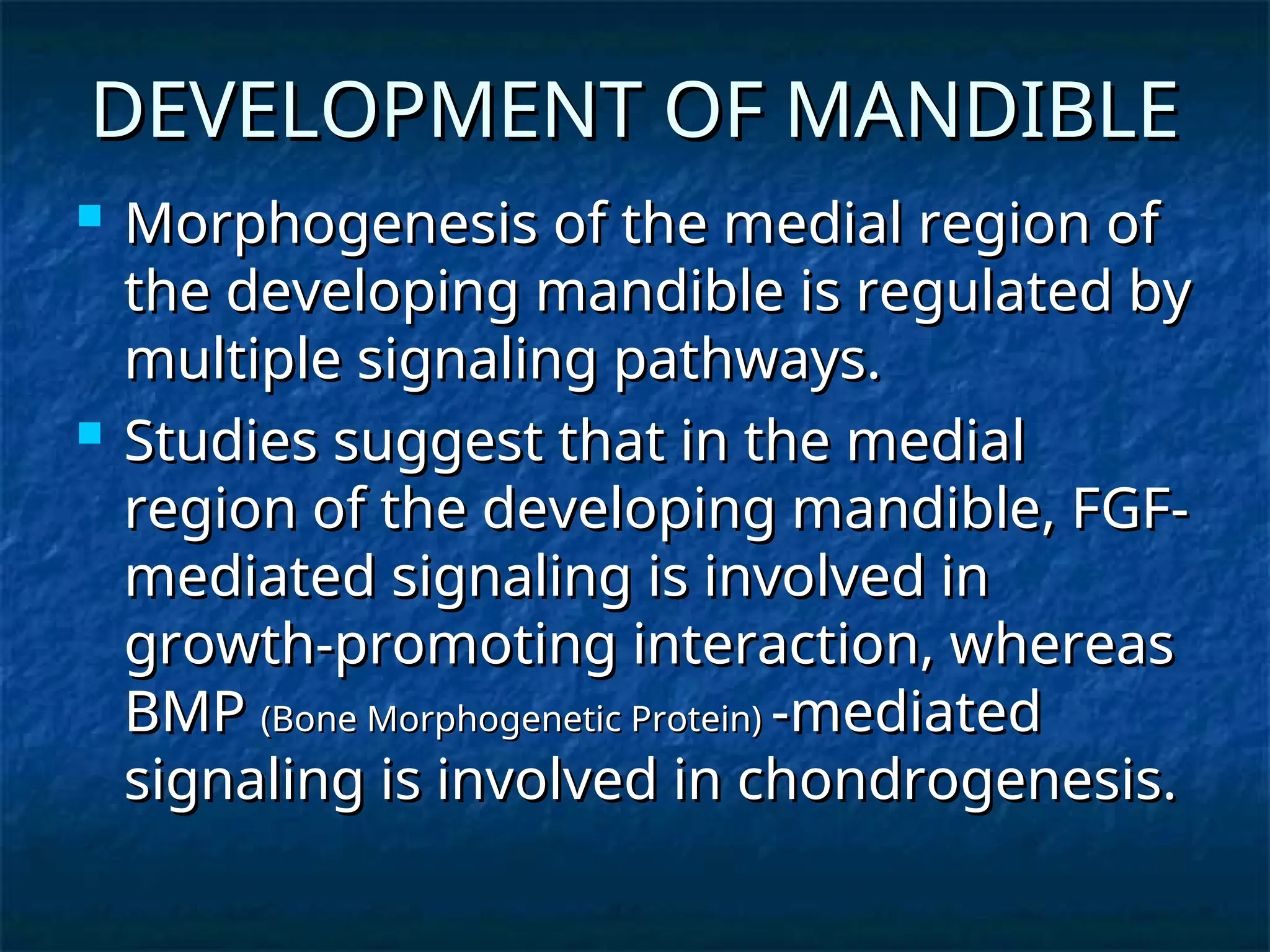 DEVELOPMENT OF MANDIBLE
DEVELOPMENT OF MANDIBLE
 Morphogenesis of the medial region of
Morphogenesis of the medial region of
the developing mandible is regulated by
the developing mandible is regulated by
multiple signaling pathways.
multiple signaling pathways.
 Studies suggest that in the medial
Studies suggest that in the medial
region of the developing mandible, FGF-
region of the developing mandible, FGF-
mediated signaling is involved in
mediated signaling is involved in
growth-promoting interaction, whereas
growth-promoting interaction, whereas
BMP
BMP (Bone Morphogenetic Protein)
(Bone Morphogenetic Protein) -mediated
-mediated
signaling is involved in chondrogenesis.
signaling is involved in chondrogenesis.
 