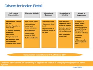 Drivers for Indian Retail High Income Opportunities Changing Attitude International Exposure Necessities to Lifestyle Service Sector: creating new jobs.  Working Population in 2010 will 70% IT Industry: increasing professional opportunities Rising Salary levels MNCs entering India and homegrown companies going global From Save to Spend High disposable income family structures on a rise  Nuclear Families DINKS (Double Income No Kids) Multi income families International travel Exposure to global trends Highest Growth in outbound tourists in the world Shift of expense basket from basics to lifestyle products Increased spend on Apparel, personal care, entertainment  Easy Bank credit boosts retail Customer value drivers are continuing to fragment as a result of changing demographics & value systems Consumption expenditure is 60 % of India’s GDP   Market & Government Easing out on Import barriers, Government sponsorship taking shape (FDI Policy, Tax and Duty structure, Subsidies) Fluid retail Segments M-Commerce & e-Commerce boosts retail 