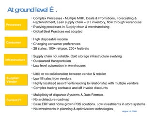 At ground level ….  Processes Complex Processes - Multiple MRP, Deals & Promotions, Forecasting & Replenishment, Lean supply chain – JIT inventory, flow through warehouse Evolving processes in Supply chain & merchandising Global Best Practices not adopted Consumer Infrastructure High disposable income Changing consumer preferences 28 states, 100+ religion, 250+ festivals Supply chain not reliable. Cold storage infrastructure evolving Outsourced transportation Low level automation in warehouses Supplier/ Vendor Current IT Little or no collaboration between vendor & retailer Low fill rates from vendors Highly localized assortments leading to relationship with multiple vendors  Complex trading contracts and off invoice discounts Multiplicity of disparate Systems & Data Formats No architecture roadmap Base ERP and home grown POS solutions. Low investments in store systems No investments in planning & optimization technologies 