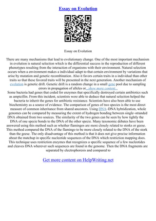 Essay on Evolution
Essay on Evolution
There are many mechanisms that lead to evolutionary change. One of the most important mechanism
in evolution is natural selection which is the differential success in the reproduction of different
phenotypes resulting from the interaction of organisms with their environment. Natural selection
occurs when a environment makes a individual adapt to that certain environment by variations that
arise by mutation and genetic recombination. Also it favors certain traits in a individual than other
traits so that these favored traits will be presented in the next generation. Another mechanism of
evolution is genetic drift. Genetic drift is a random change in a small gene pool due to sampling
errors in propagation of alleles or...show more content...
Some bacteria had genes that coded for enzymes that specifically destroyed certain antibiotics such
as ampicillin. From this incident, scientists were able to deduce that natural selection helped the
bacteria to inherit the genes for antibiotic resistance. Scientists have also been able to use
biochemistry as a source of evidence. The comparison of genes of two species is the most direct
measure of common inheritance from shared ancestors. Using DNA–DNA hybridization, whole
genomes can be compared by measuring the extent of hydrogen bonding between single–stranded
DNA obtained from two sources. The similarity of the two genes can be seen by how tightly the
DNA of one specie bonds to the DNA of the other specie. Many taxonomic debates have been
answered using this method such as whether flamingos are more closely related to storks or geese.
This method compared the DNA of the flamingo to be more closely related to the DNA of the stork
than the geese. The only disadvantage of this method is that it does not give precise information
about the matchup in specific nucleotide sequences of the DNA which restriction mapping does.
This technique uses restriction enzymes that recognizes a specific sequence of a few nucleotides
and cleaves DNA wherever such sequences are found in the genome. Then the DNA fragments are
separated by electrophoresis and compared to
Get more content on HelpWriting.net
 