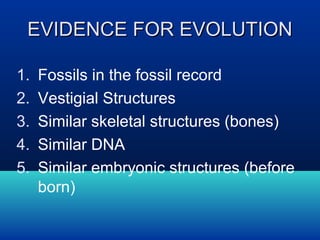 EVIDENCE FOR EVOLUTION
1.
2.
3.
4.
5.

Fossils in the fossil record
Vestigial Structures
Similar skeletal structures (bones)
Similar DNA
Similar embryonic structures (before
born)

 