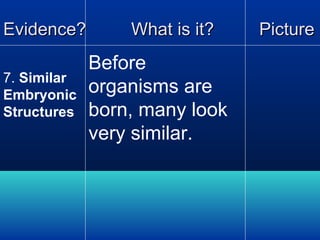 Evidence?
7. Similar
Embryonic
Structures

What is it?

Before
organisms are
born, many look
very similar.

Picture

 