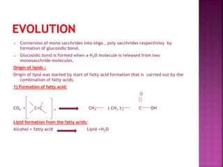 ? Conversion of mono sacchrides into oligo , poly sacchrides respectivley by
formation of glucosidic bond.
? Glucosidic bond is formed when a H2O molecule is released from two
monosacchride molecules.
Origin of lipids :
Origin of lipid was started by start of fatty acid formation that is carried out by the
combination of fatty acids.
1) Formation of fatty acid:
O
CO2 + C=C n CH3 ( CH2 ) 2 C OH
Lipid formation from the fatty acids:
Alcohol + fatty acid Lipid +H2O
 