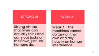 6
STRONG AI
Strong AI- the
machines can
actually think and
carry out tasks on
their own, just like
humans do.
WEAK AI
Weak AI- the
machines cannot
do task on their
own and rely
heavily on human
interference.
 