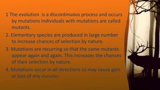 1 The evolution is a discontinuous process and occurs
by mutations Individuals with mutations are called
mutants.
2. Elementary species are produced in large number
to increase chances of selection by nature.
3. Mutations are recurring so that the same mutants
appear again and again. This increases the chances
of their selection by nature.
4. Mutations occur in all directions so may cause gain
or loss of any character.
 